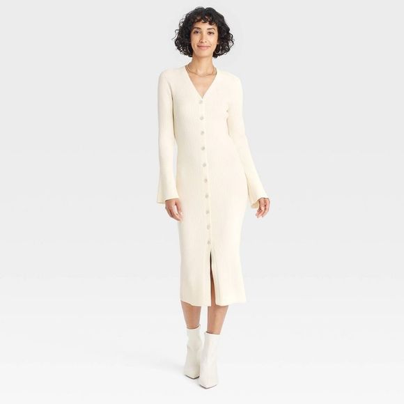 A New Day Dresses & Skirts - NWT Bell Sleeve Midi Sweater Dress - functional buttons